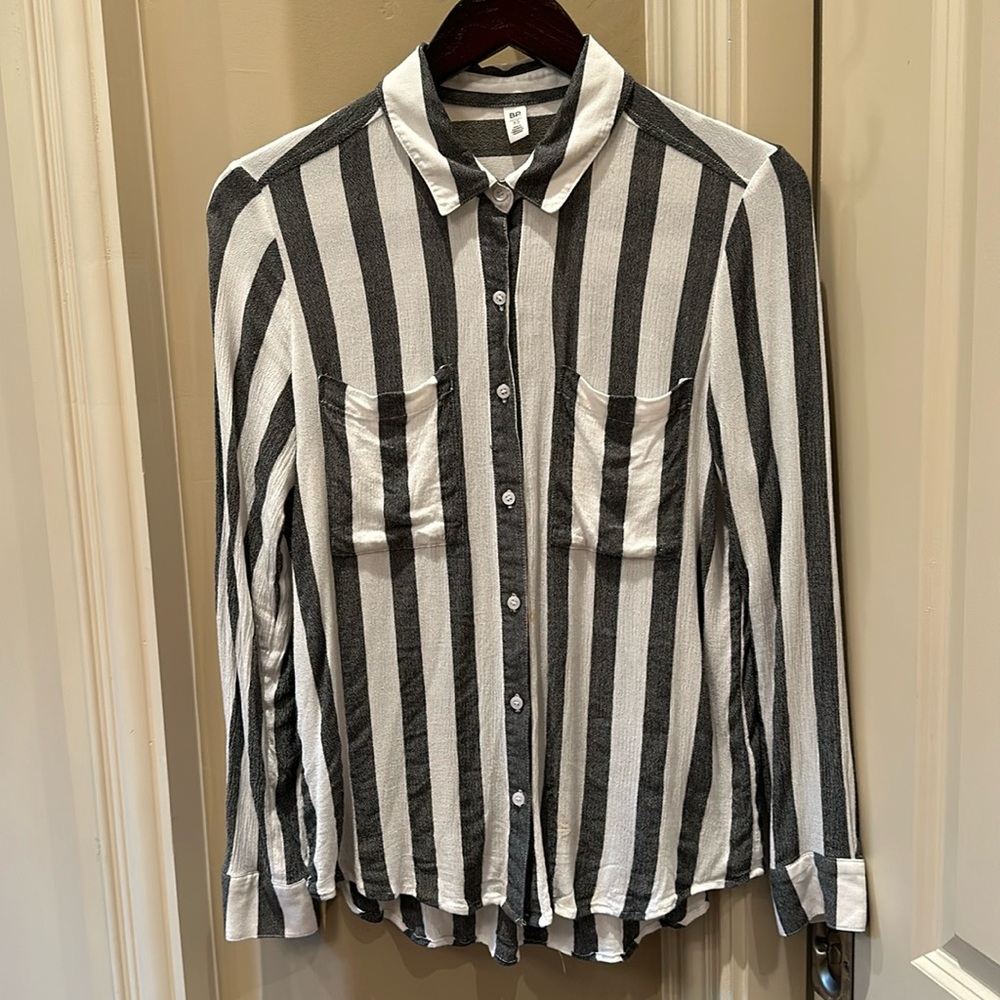 Gray and white striped button-down blouse